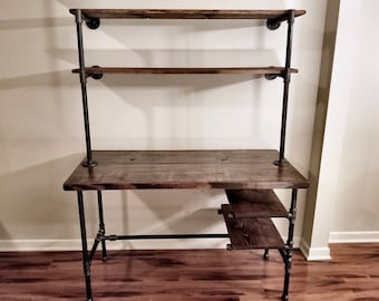 Steel and Wood Desk - Office Iron Pipe Desk with 2 Desk Shelves and 2 Wall Shelves - Multiple Shelf