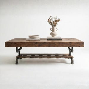 Steel and Pine Wood Weathered Coffee Table w/ Cross Shelf