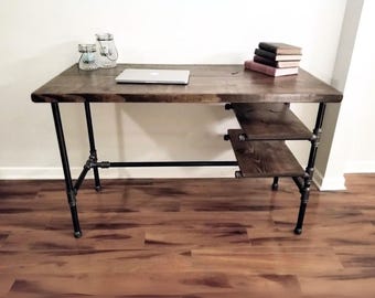 Steel and Wood Desk - Office Iron Pipe Desk with 2 Shelves