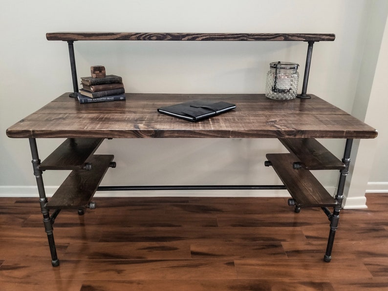 Steel And Wood Desk Office Iron Pipe With 4 Shelveonitor Shelf Multiple