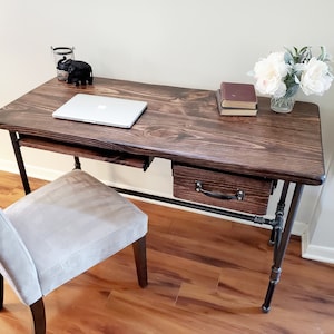 Steel and Wood Desk - Office Iron Pipe Desk with Drawer, Keyboard Tray, Home Office Furniture, Rustic Industrial Style