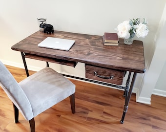 Steel and Wood Desk - Office Iron Pipe Desk with Drawer, Keyboard Tray, Home Office Furniture, Rustic Industrial Style