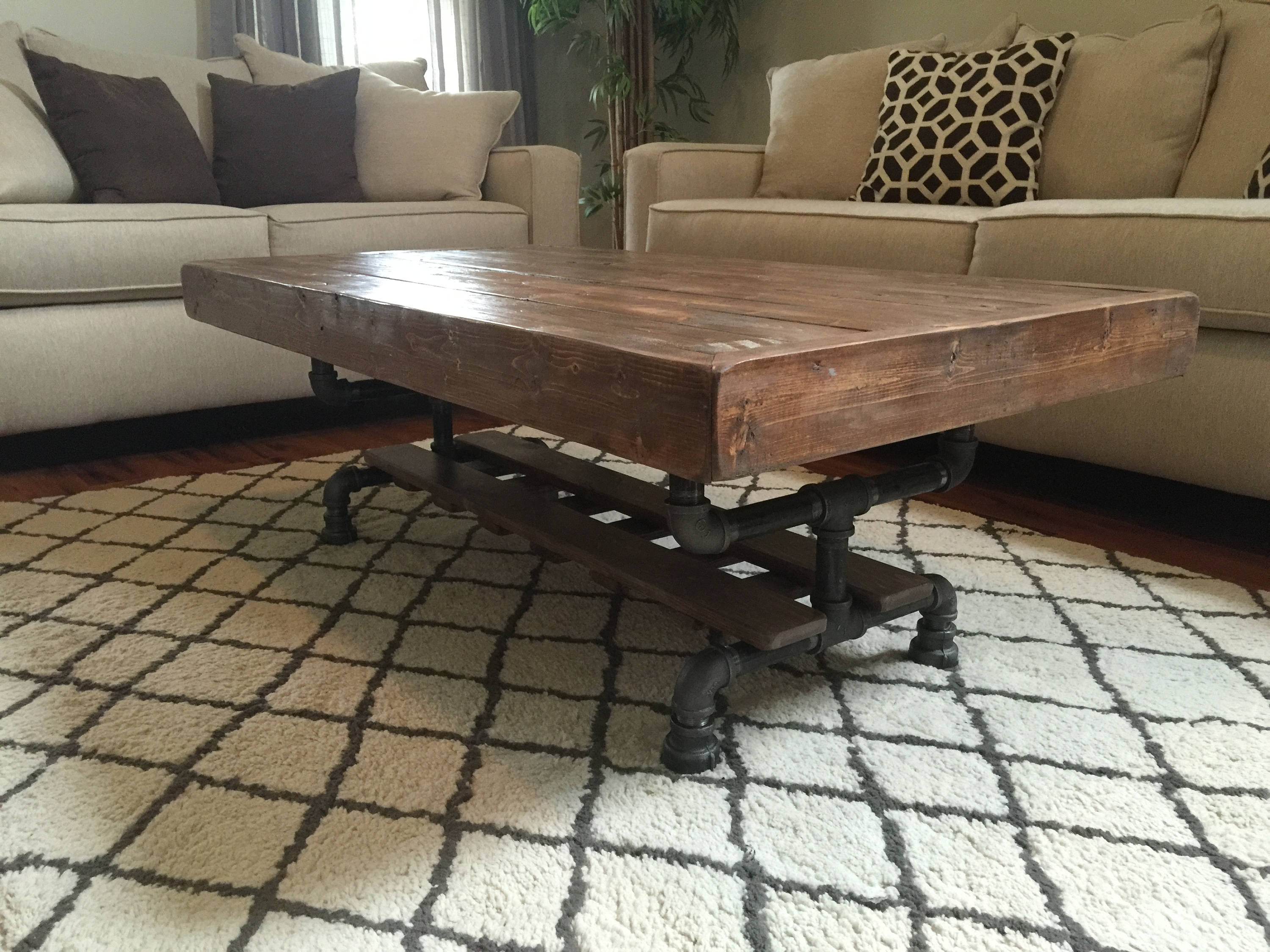 Steel and Pine Wood Weathered Coffee Table w/ Cross Shelf Etsy