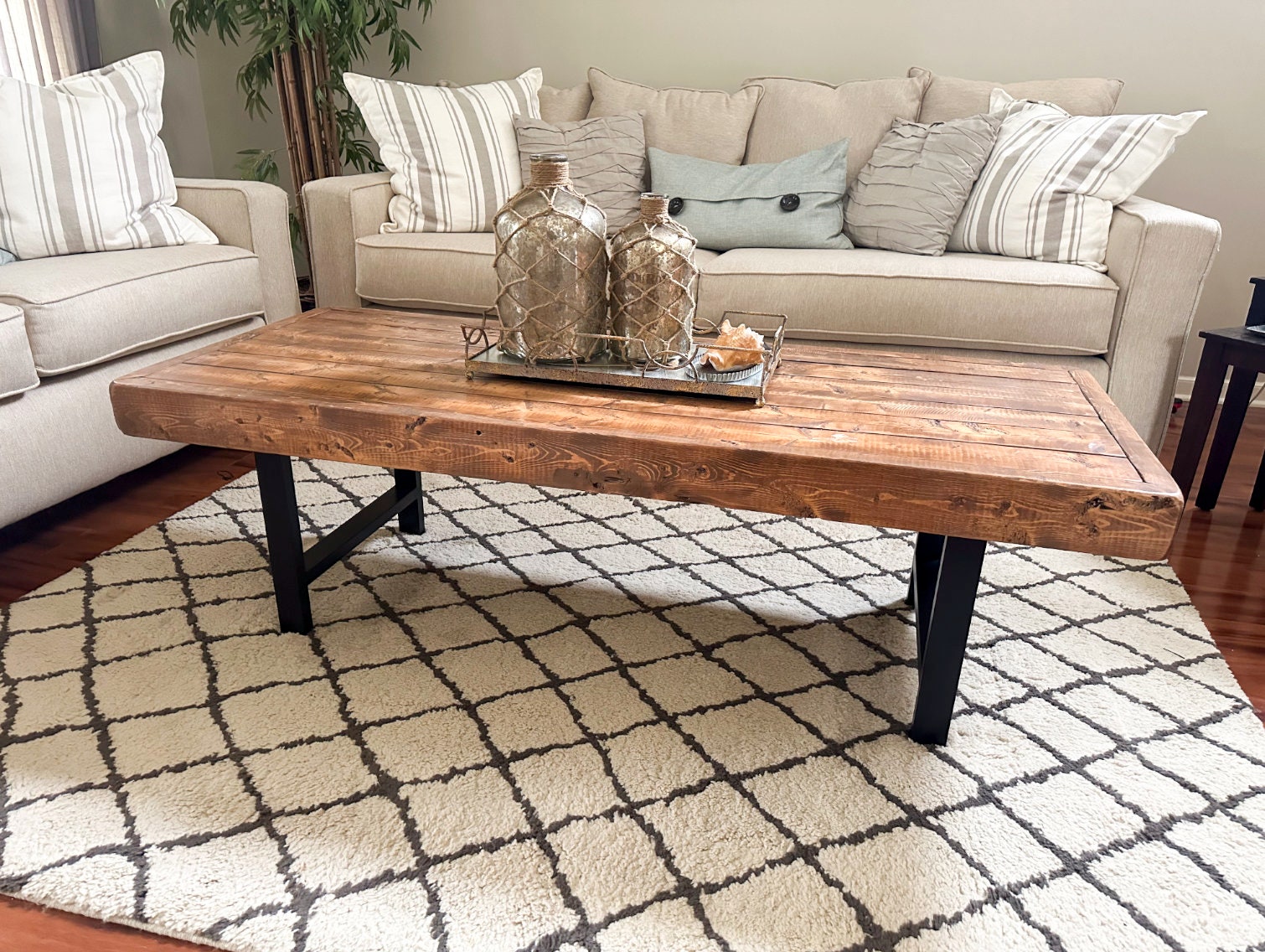 Steel and Pine Wood Weathered Coffee Table - Square Legs - Real Wood Furniture
