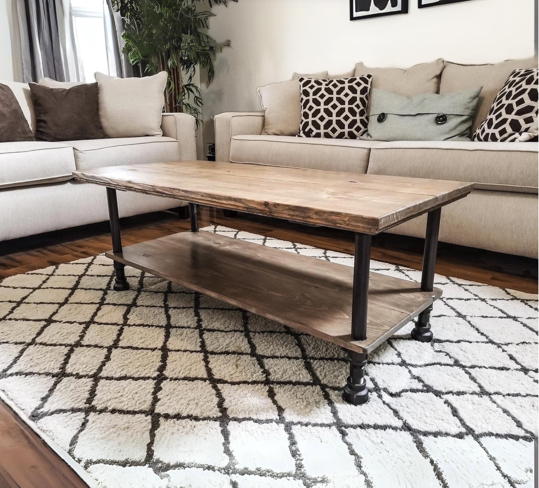 Steel and Wood Custom Edge Coffee Table with Shelf - Large Pipe - Easy Assembly - No Tools Required