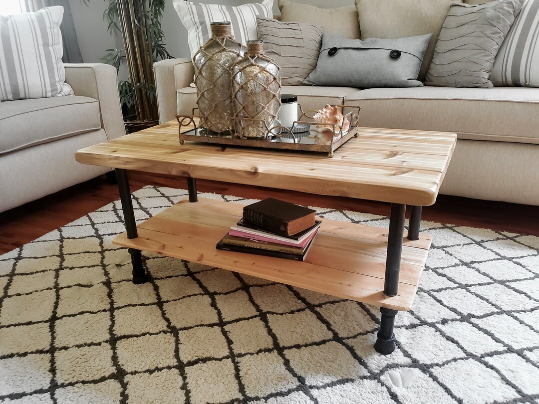 Steel and Cedar Wood Coffee Table With Shelf Rustic Furniture Real Wood Cocktail Table Etsy