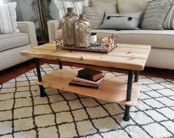 Steel and Cedar Wood Coffee Table with Shelf - Rustic Furniture - Real Wood - Cocktail Table