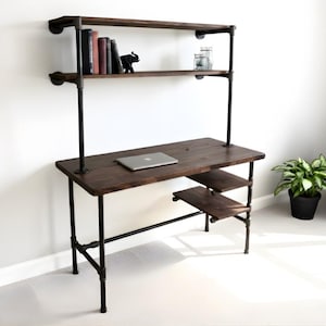 Steel and Pine Wood Desk: Industrial Office Desk with Shelves