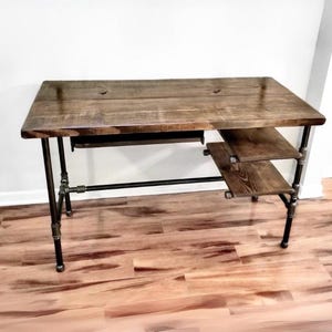 Steel and Wood Desk - Office Iron Pipe Desk with 2 Shelves and Keyboard Tray