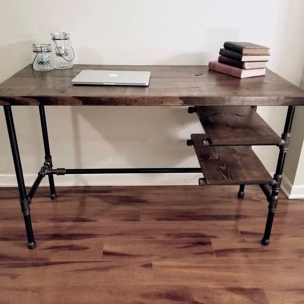 Steel and Wood Desk - Office Iron Pipe Desk with 2 Shelves - Free Shipping