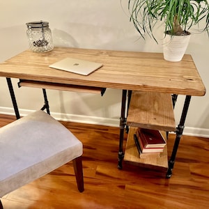 Steel and Wood Desk - Office Iron Pipe Desk with 2 Shelves and Keyboard Tray - Real Wood Furniture - Free Shipping - Made in the USA