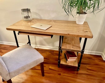 Steel and Wood Desk - Office Iron Pipe Desk with 2 Shelves and Keyboard Tray - Real Wood Furniture - Free Shipping - Made in the USA