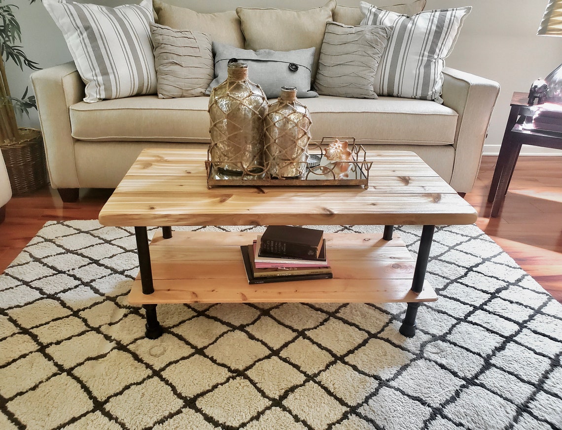 Steel and Cedar Wood Coffee Table With Shelf Rustic Etsy