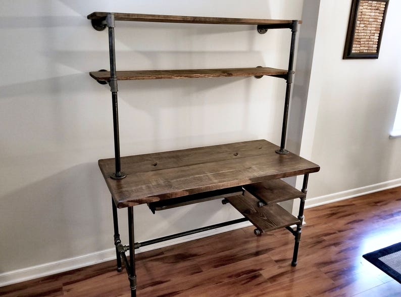 Office Iron Pipe Desk with 2 Shelves and Keyboard Tray Steel and Wood