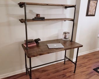 Steel and Wood Desk - Office Iron Pipe Desk with 2 Wall Shelves - Multiple Shelf - Free Shipping