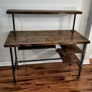 Steel and Wood Desk - Office Iron Pipe Desk with Keyboard Tray - 2 Desk Shelves and Monitor Shelf - Multiple Shelf