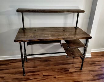 Steel and Wood Desk - Office Iron Pipe Desk with Keyboard Tray - 2 Desk Shelves and Monitor Shelf - Multiple Shelf