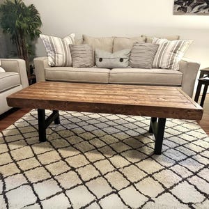 Steel and Pine Wood Weathered Coffee Table - Square Legs - Real Wood Furniture