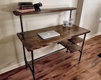 Steel and Wood Desk - Office Iron Pipe Desk with 2 Desk Shelves and Monitor Shelf - Multiple Shelf