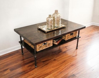Steel and Pine Wood Coffee Table with Shelf - Easy Assembly - No Tools Required