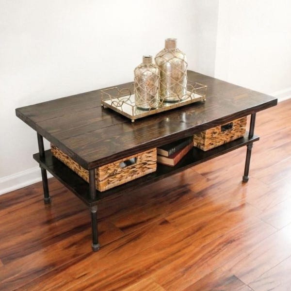 Steel and Pine Wood Coffee Table with Shelf - Easy Assembly - No Tools Required