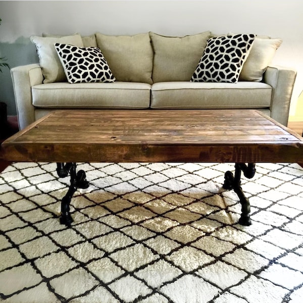 Steel and Pine Wood Weathered Coffee Table - Farmhouse Table - Solid Wood Furniture