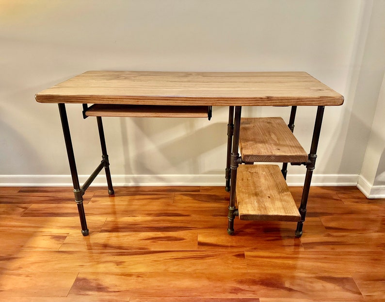 Steel and Wood Desk Office Iron Pipe Desk With 2 Shelves and Etsy