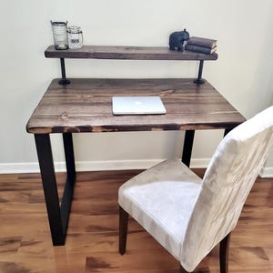 Steel and Wood Desk - Square Leg Style - Rustic Table - Kitchen Table - Home Office - Monitor Shelf - Farmhouse Real Wood - Industrial Style