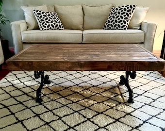 Steel and Pine Wood Weathered Coffee Table - Farmhouse Table - Solid Wood Furniture