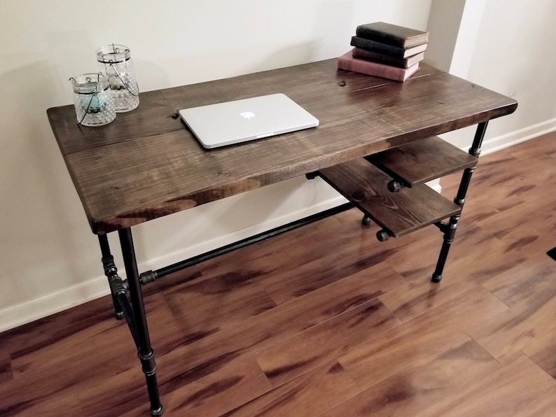 Free Shipping Office Iron Pipe Desk with 2 Shelves Steel and Wood Desk