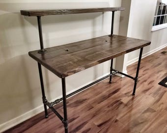 Steel and Wood Desk - Office Iron Pipe Desk with Monitor Shelf