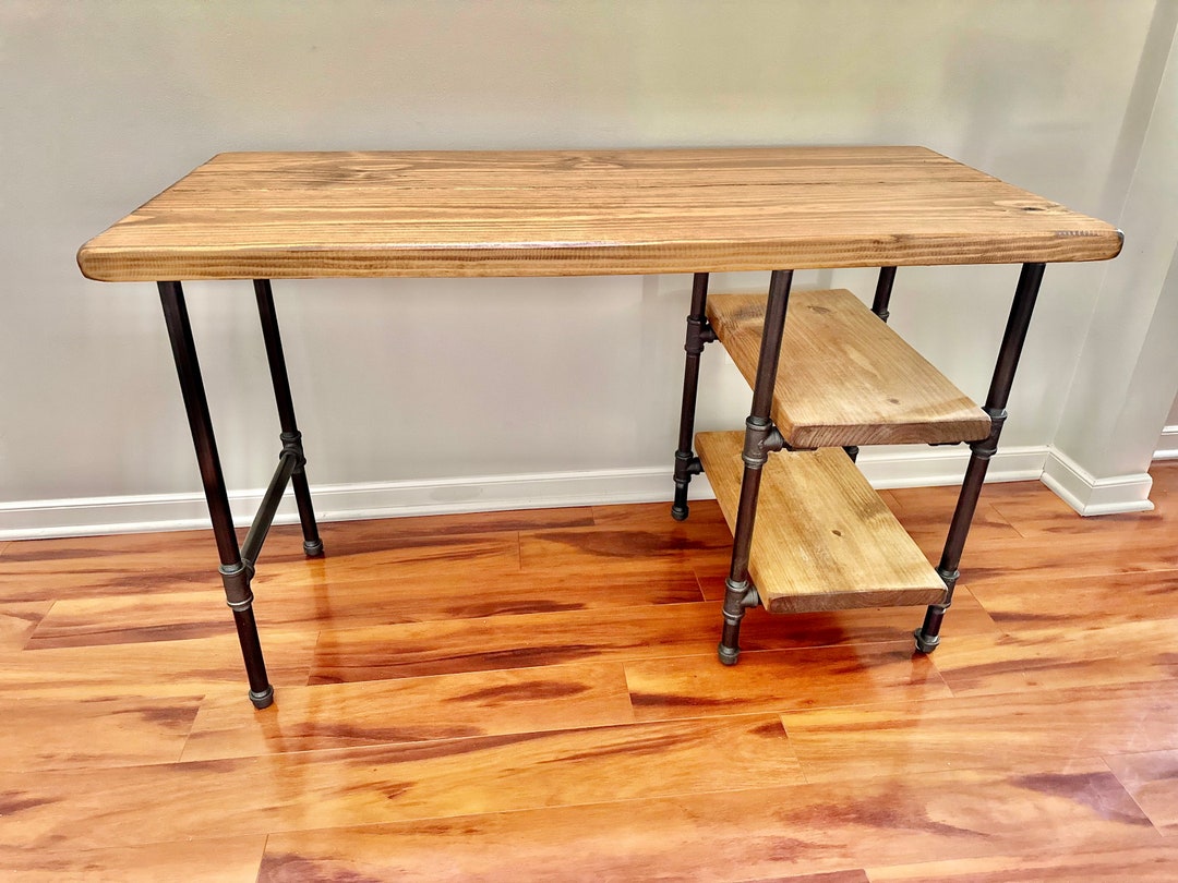 Steel and Wood Desk Office Iron Pipe Desk With 2 Shelves Real Wood