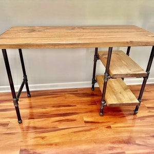 Steel and Wood Desk - Office Iron Pipe Desk with 2 Shelves - Real Wood Furniture - Free Shipping - Made in the USA
