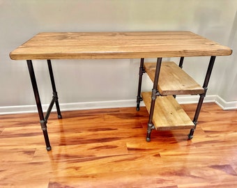 Steel and Wood Desk - Office Iron Pipe Desk with 2 Shelves - Real Wood Furniture - Free Shipping - Made in the USA