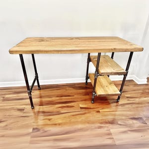Steel and Wood Desk - Office Iron Pipe Desk with 2 Shelves - Real Wood Furniture - Free Shipping - Made in the USA