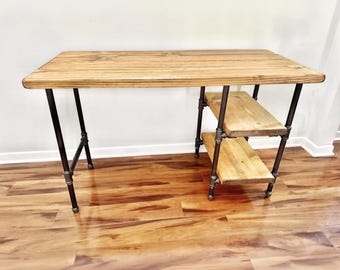 Steel and Wood Desk - Office Iron Pipe Desk with 2 Shelves - Real Wood Furniture - Free Shipping - Made in the USA