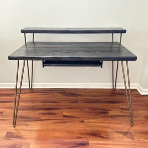 Steel and Wood Desk - Monitor Shelf - Gold Finish Steel Legs - Keyboard Tray - Real Wood Furniture