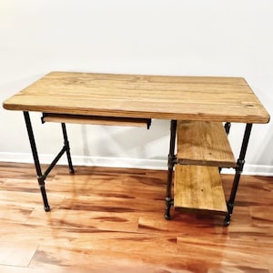 Steel and Wood Desk - Office Iron Pipe Desk with 2 Shelves and Keyboard Tray - Real Wood Furniture - Free Shipping - Made in the USA