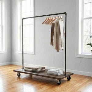 Steel and Pine Clothing Rack with Industrial Casters
