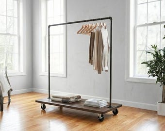 Steel and Pine Clothing Rack with Industrial Casters