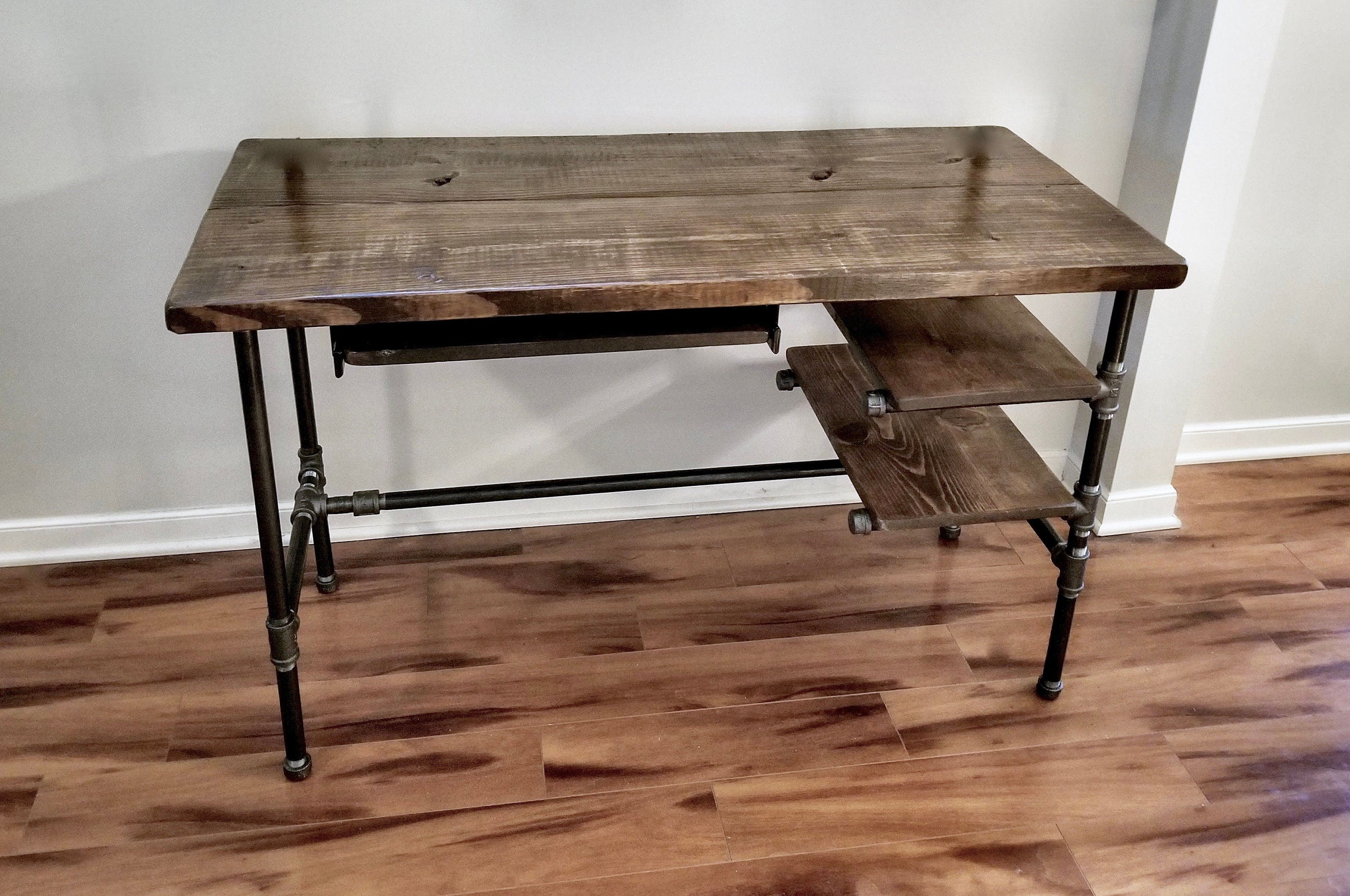 Steel and Wood Desk Office Iron Pipe Desk With 2 Shelves and