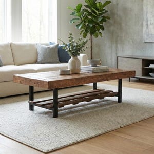 Steel and Pine Wood Weathered Coffee Table With Shelf - Square Legs - Real Wood Furniture - Made In The USA