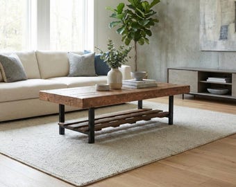 Steel and Pine Wood Weathered Coffee Table With Shelf - Square Legs - Real Wood Furniture - Made In The USA