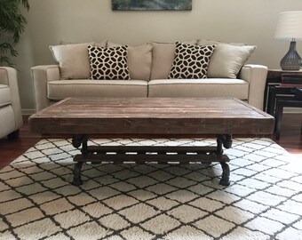 Steel and Pine Wood Weathered Coffee Table w/ Cross Shelf