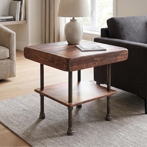 May include: A square side table featuring a thick, dark brown wooden top with visible grain and a matching lower shelf. The structure is supported by four dark gray metal pipe legs with threaded fittings at the base and top connections.