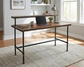 Steel and Wood Desk - Office Iron Pipe Desk with Monitor Shelf - Customizable