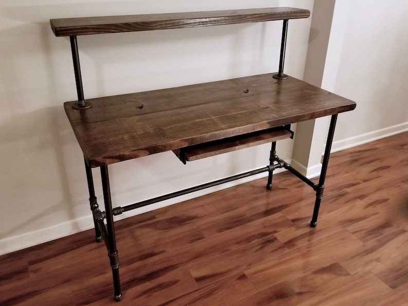 Steel And Wood Desk Office Iron Pipe With Monitor Shelf Keyboard Tray Height Options Listed In Description