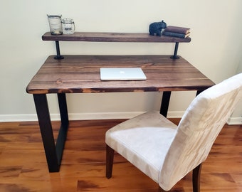 Steel and Wood Desk - Square Leg Style - Rustic Table - Kitchen Table - Home Office - Monitor Shelf - Farmhouse Real Wood - Industrial Style