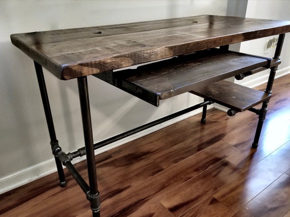 Steel and Wood Desk Office Iron Pipe Desk With 2 Shelves and