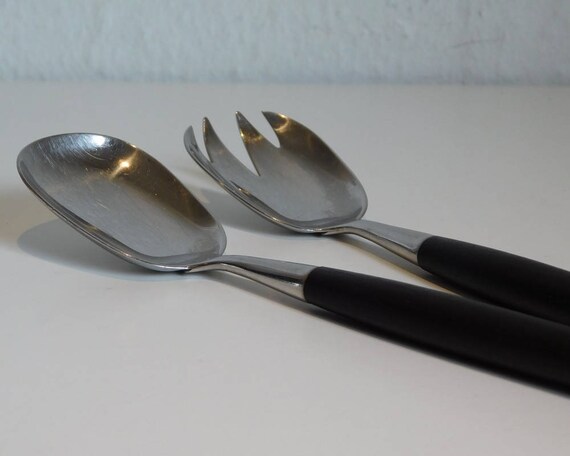 Mid century salad serving set - black wood